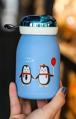 Penguin Cartoon Printed Stainless Steel Thermos Vacuum Flask for Kids 380 Ml