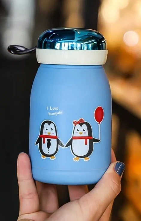 Penguin Cartoon Printed Stainless Steel Thermos Vacuum Flask for Kids 380 Ml