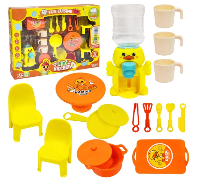 Mini Kitchen Play Set for Kids, 17 Pieces with Duck Water Dispenser, Cooking Utensils and Furniture, Ages 3+