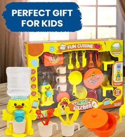 Mini Kitchen Play Set for Kids, 17 Pieces with Duck Water Dispenser, Cooking Utensils and Furniture, Ages 3+