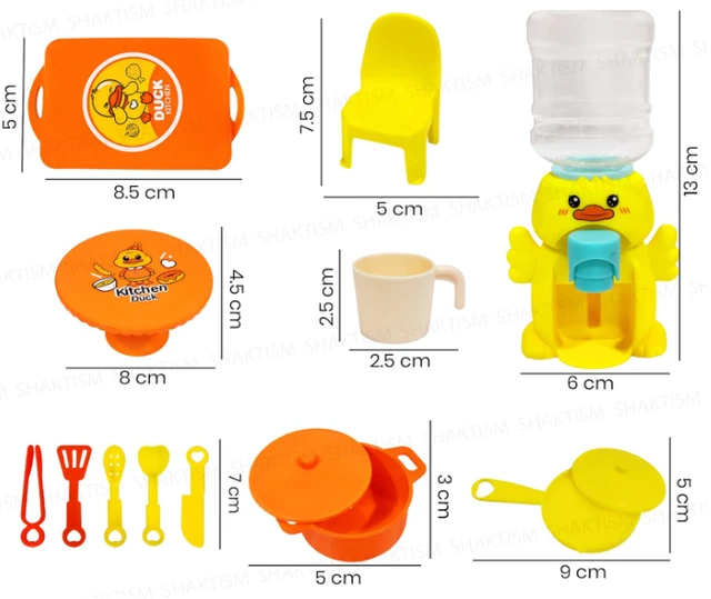 Mini Kitchen Play Set for Kids, 17 Pieces with Duck Water Dispenser, Cooking Utensils and Furniture, Ages 3+