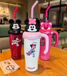 Stainless Steel Tumbler 850ml Insulated Cup with Straw, Bear, Mickey Mouse, and Minnie Mouse Designs, for Car Use and Birthday Gifts