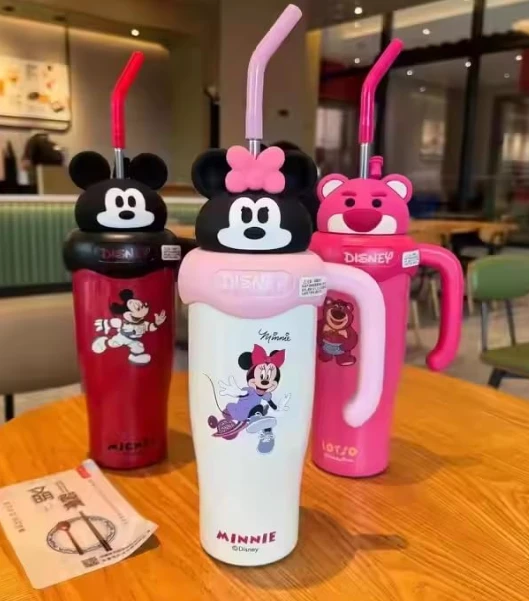 Stainless Steel Tumbler 850ml Insulated Cup with Straw, Bear, Mickey Mouse, and Minnie Mouse Designs, for Car Use and Birthday Gifts