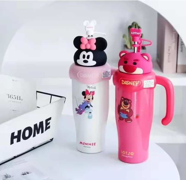 Stainless Steel Tumbler 850ml Insulated Cup with Straw, Bear, Mickey Mouse, and Minnie Mouse Designs, for Car Use and Birthday Gifts