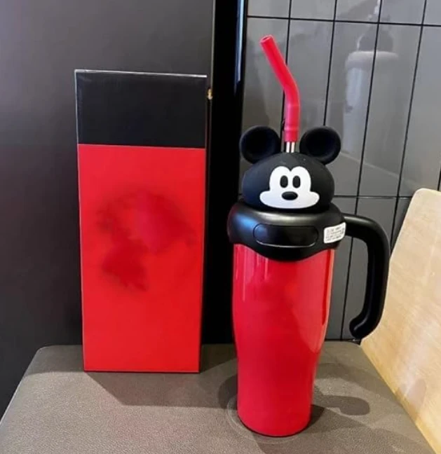 Stainless Steel Tumbler 850ml Insulated Cup with Straw, Bear, Mickey Mouse, and Minnie Mouse Designs, for Car Use and Birthday Gifts