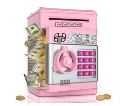 Kids Modern Money Safe ATM Machine, Piggy Bank Box with Electronic Lock, Multi Design - Pink.
