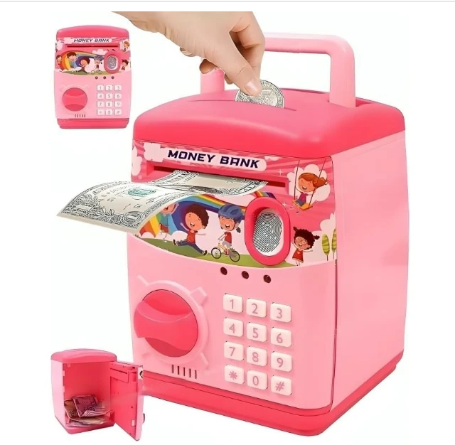 Kids Modern Money Safe ATM Machine, Piggy Bank Box with Electronic Lock, Multi Design - Pink.