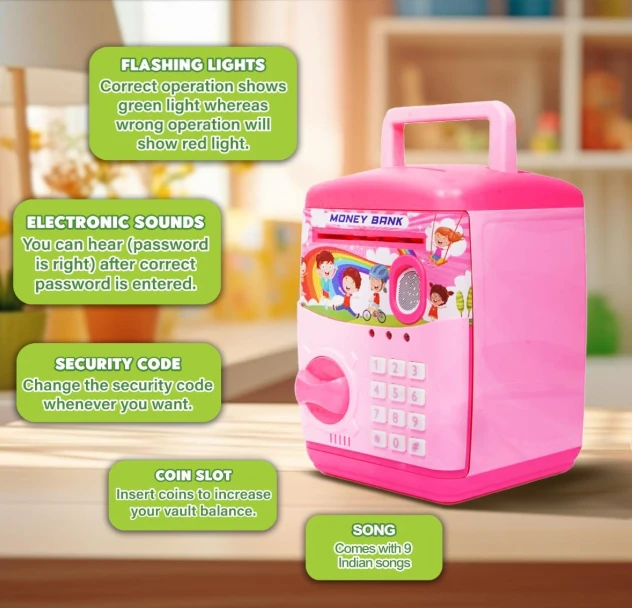 Kids Modern Money Safe ATM Machine, Piggy Bank Box with Electronic Lock, Multi Design - Pink.