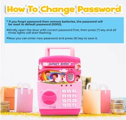 Kids Modern Money Safe ATM Machine, Piggy Bank Box with Electronic Lock, Multi Design - Pink.