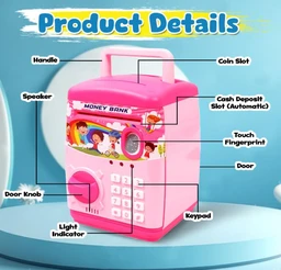 Kids Modern Money Safe ATM Machine, Piggy Bank Box with Electronic Lock, Multi Design - Pink.