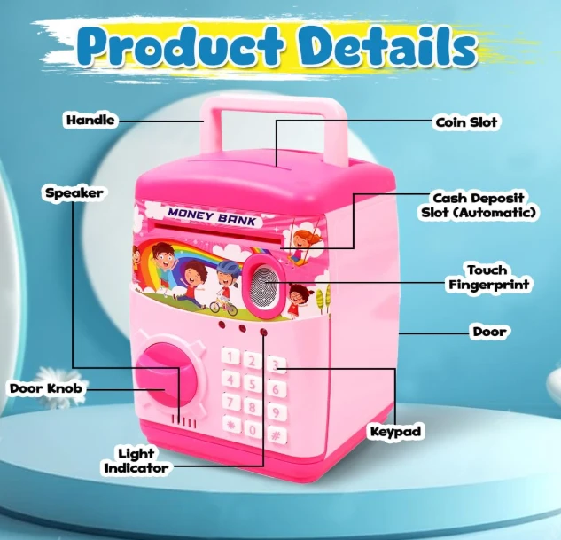 Kids Modern Money Safe ATM Machine, Piggy Bank Box with Electronic Lock, Multi Design - Pink.