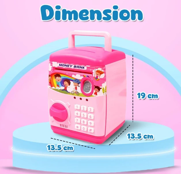 Kids Modern Money Safe ATM Machine, Piggy Bank Box with Electronic Lock, Multi Design - Pink.