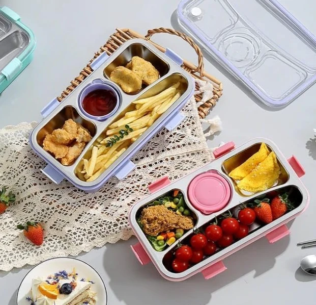 Stainless Steel Bento Lunch Box for Kids & Adults | 4 Compartment Leakproof Tiffin with Lid | BPA-Free, Airtight | Ideal for Office, School & Travel