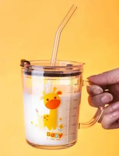 Cartoon Printed Milk Glass Sipper Jar with Straw and Lid for Kids Boy and Girl Glass Coffee Mug (350 ml)