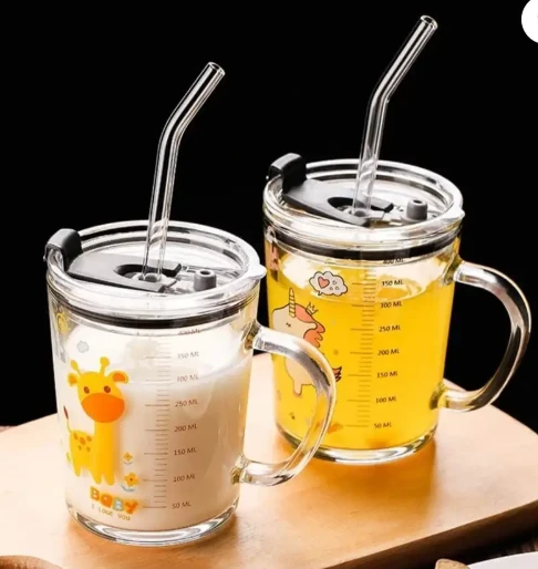 Cartoon Printed Milk Glass Sipper Jar with Straw and Lid for Kids Boy and Girl Glass Coffee Mug (350 ml)