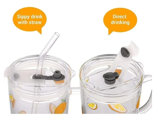 Cartoon Printed Milk Glass Sipper Jar with Straw and Lid for Kids Boy and Girl Glass Coffee Mug (350 ml)