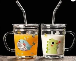 Cartoon Printed Milk Glass Sipper Jar with Straw and Lid for Kids Boy and Girl Glass Coffee Mug (350 ml)
