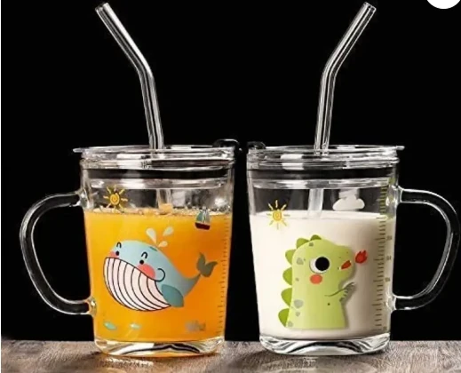 Cartoon Printed Milk Glass Sipper Jar with Straw and Lid for Kids Boy and Girl Glass Coffee Mug (350 ml)