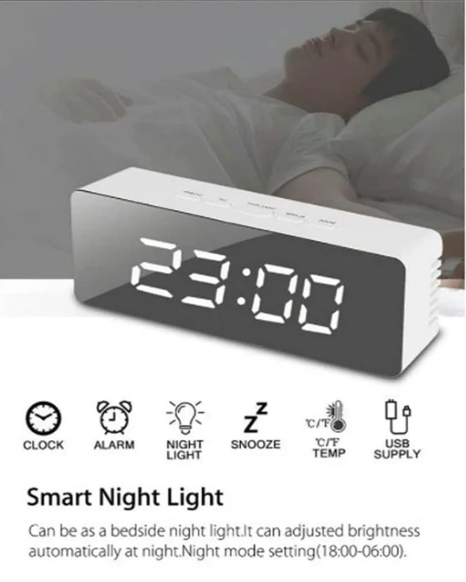 Digital LED Mirror Alarm Clock for Heavy Sleepers Kids Large LED Display with Snooze Time Temperature Function for Bedroom, Office, Travel Battery Powered and USB Power