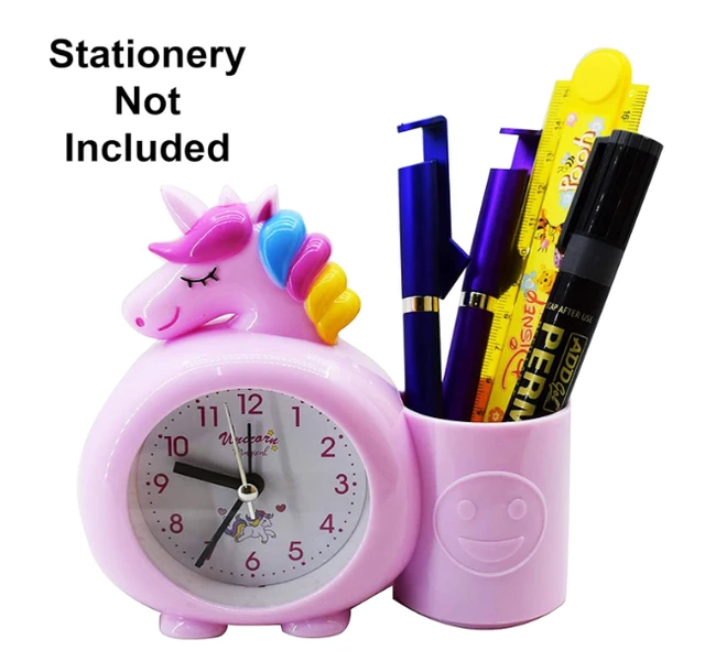 PARTEET Analog Alarm Clock with Pen Holder for Kids Bedroom Unicorn Alarm Watch for Girls Loud Bell Alarm Table Clock for Heavy Sleepers(Assorted Colour)(Plastic, 3.1Wx5.9Lx2.0H inches)