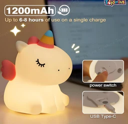 Toyshine Cute Sitting Unicorn Night Light Squishy Silicone 3 Level Dimmable LED Rechargeable Bedside Touch Lamp with Timer Function for Bedroom & Office