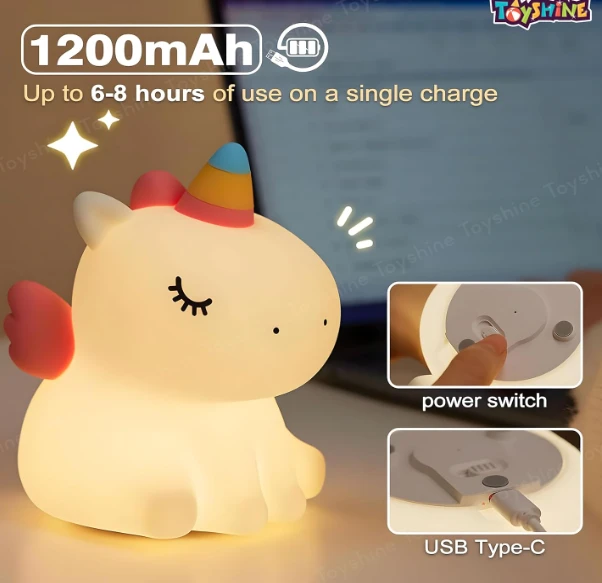 Toyshine Cute Sitting Unicorn Night Light Squishy Silicone 3 Level Dimmable LED Rechargeable Bedside Touch Lamp with Timer Function for Bedroom & Office