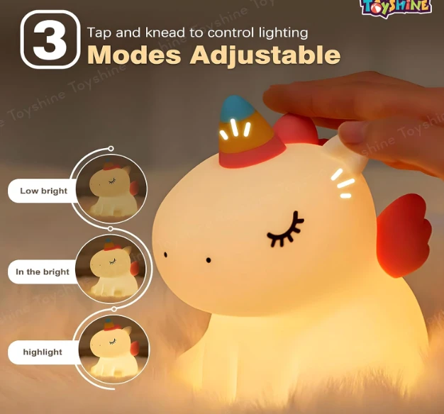 Toyshine Cute Sitting Unicorn Night Light Squishy Silicone 3 Level Dimmable LED Rechargeable Bedside Touch Lamp with Timer Function for Bedroom & Office