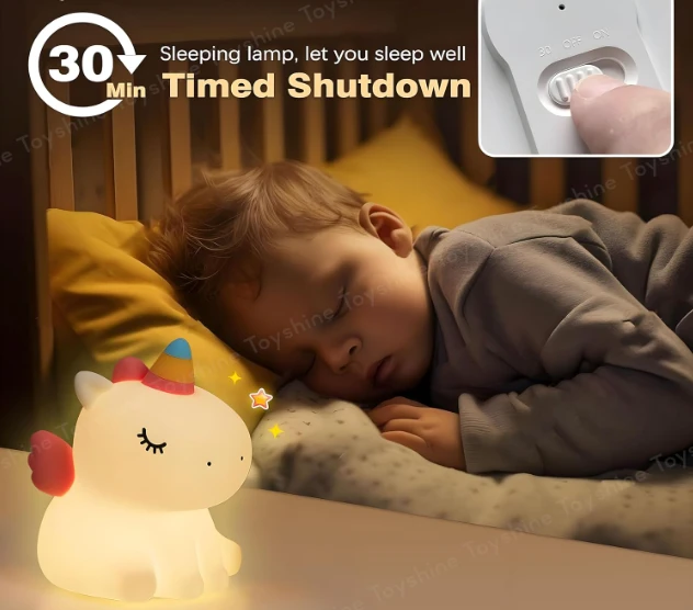 Toyshine Cute Sitting Unicorn Night Light Squishy Silicone 3 Level Dimmable LED Rechargeable Bedside Touch Lamp with Timer Function for Bedroom & Office