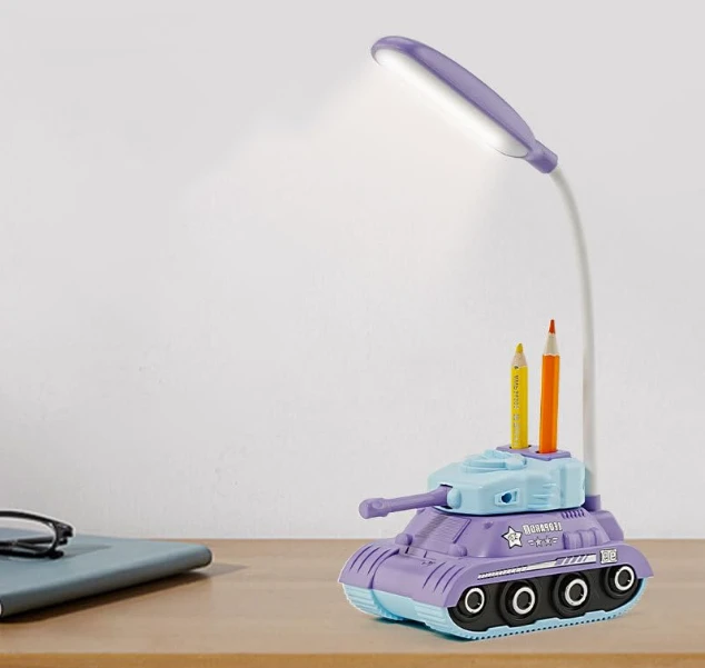 Cute Military Tank Table Lamp - Rechargeable Desk Lamp with Pen Holder & Sharpener, Study Desk Light for Study Room/Home/Office