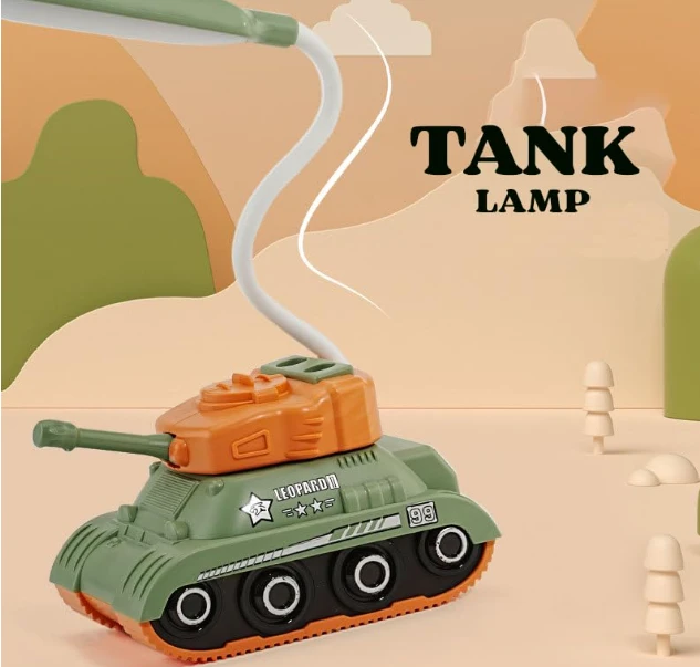 Cute Military Tank Table Lamp - Rechargeable Desk Lamp with Pen Holder & Sharpener, Study Desk Light for Study Room/Home/Office