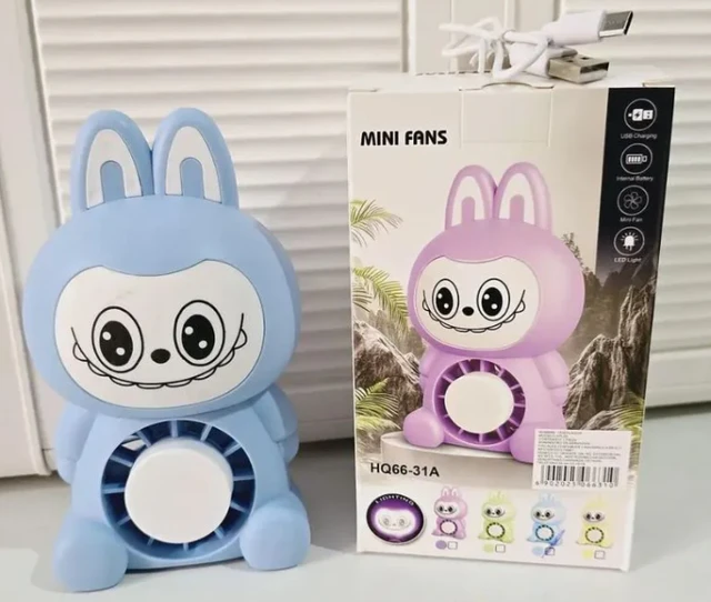 Labubu electric fan with night lamp | Mini Cartoon Rechargeable Desk Fan | Design with LED, USB Powered, Multicolor for Kids