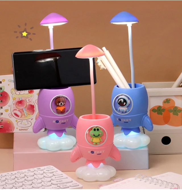 Space lamp with holder| kids table lamp for study- Lamp with Pen holder, Flexible LED Head Lamp- Adjustable Desk Lamp, Bedroom Table Lamp, Multi-function Table Lamp-Pack of 1(Blue, Purple, Peach)