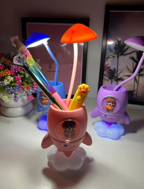 Space lamp with holder| kids table lamp for study- Lamp with Pen holder, Flexible LED Head Lamp- Adjustable Desk Lamp, Bedroom Table Lamp, Multi-function Table Lamp-Pack of 1(Blue, Purple, Peach)