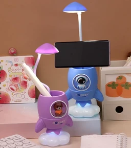 Space lamp with holder| kids table lamp for study- Lamp with Pen holder, Flexible LED Head Lamp- Adjustable Desk Lamp, Bedroom Table Lamp, Multi-function Table Lamp-Pack of 1(Blue, Purple, Peach)