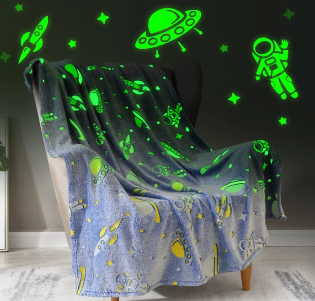Glow in The Dark Blanket Space Gifts for Boys - Boy Unique Christmas Birthday Gift Ideas Glow Star Astronaut Spaceship Rocket Planet Gifts Toys for Kids Teens Girls Soft Plush Throw Blanket 50" x 60"