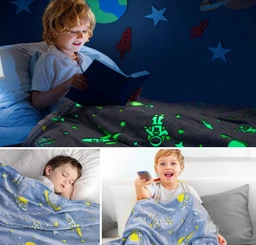 Glow in The Dark Blanket Space Gifts for Boys - Boy Unique Christmas Birthday Gift Ideas Glow Star Astronaut Spaceship Rocket Planet Gifts Toys for Kids Teens Girls Soft Plush Throw Blanket 50" x 60"