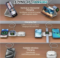 3in1 Foldable 23W Magnetic Wireless Fast Charging Stand Compatible with Apple iPhone Magsafe/Samsung/iWatch/Airpods and All Phones with Wireless Charging Support (White)