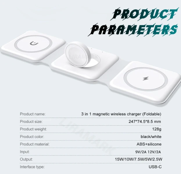 3in1 Foldable 23W Magnetic Wireless Fast Charging Stand Compatible with Apple iPhone Magsafe/Samsung/iWatch/Airpods and All Phones with Wireless Charging Support (White)