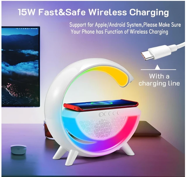 4-in-1 Smart Speaker Lamp with Wireless Charging, Bluetooth Speaker, RGB Light, 25 cm, White