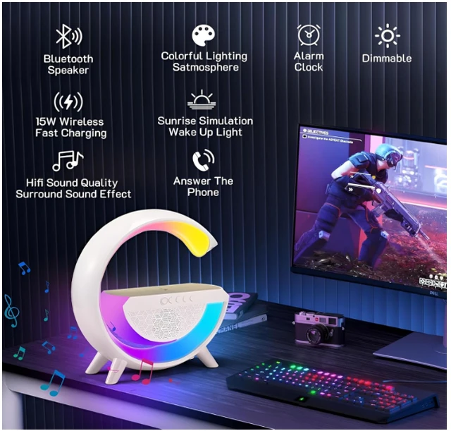 4-in-1 Smart Speaker Lamp with Wireless Charging, Bluetooth Speaker, RGB Light, 25 cm, White