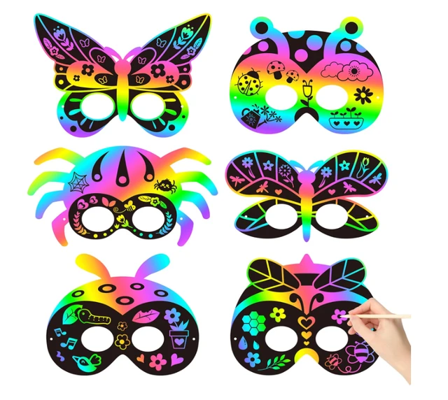 Scratch mask (3pc pack) Insects Scratch Masks for Kids Spring Insects Rainbow Color Scratch Masks for Kids Bugs Party Favors DIY Butterfly Bees Face Magic Art Rainbow Color Craft Kits for Classroom Art Project