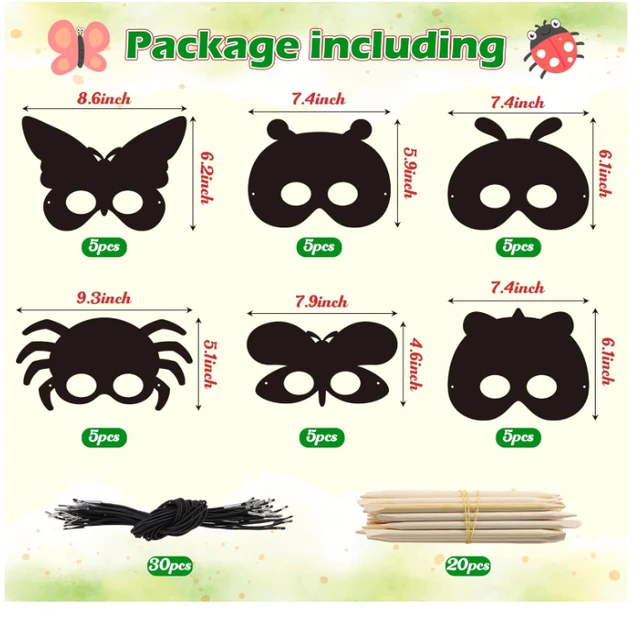 Scratch mask (3pc pack) Insects Scratch Masks for Kids Spring Insects Rainbow Color Scratch Masks for Kids Bugs Party Favors DIY Butterfly Bees Face Magic Art Rainbow Color Craft Kits for Classroom Art Project
