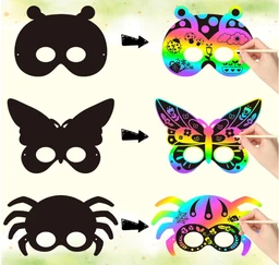 Scratch mask (3pc pack) Insects Scratch Masks for Kids Spring Insects Rainbow Color Scratch Masks for Kids Bugs Party Favors DIY Butterfly Bees Face Magic Art Rainbow Color Craft Kits for Classroom Art Project