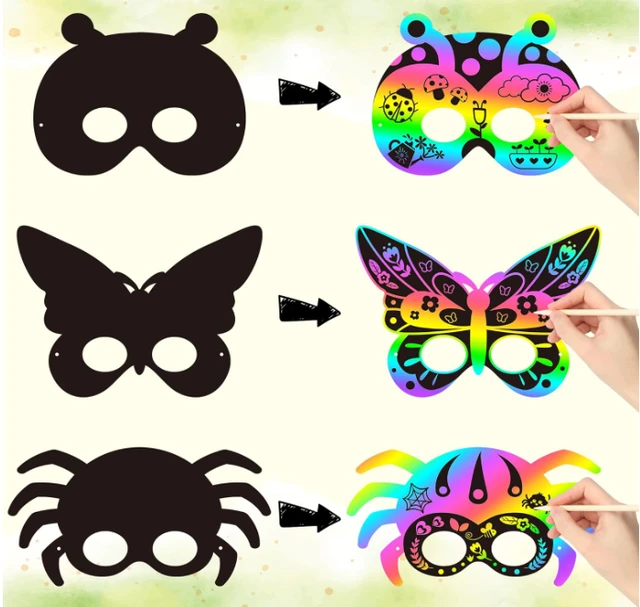 Scratch mask (3pc pack) Insects Scratch Masks for Kids Spring Insects Rainbow Color Scratch Masks for Kids Bugs Party Favors DIY Butterfly Bees Face Magic Art Rainbow Color Craft Kits for Classroom Art Project