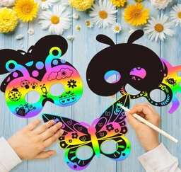 Scratch mask (3pc pack) Insects Scratch Masks for Kids Spring Insects Rainbow Color Scratch Masks for Kids Bugs Party Favors DIY Butterfly Bees Face Magic Art Rainbow Color Craft Kits for Classroom Art Project