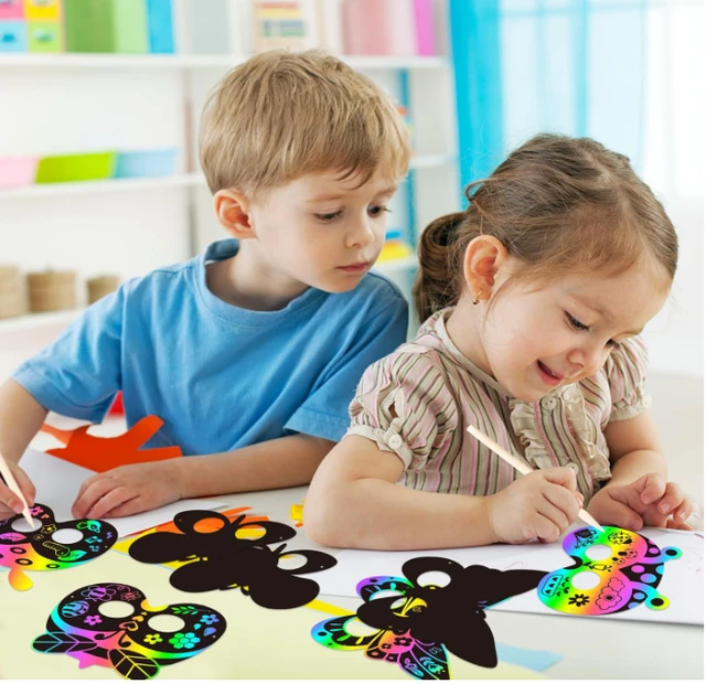 Scratch mask (3pc pack) Insects Scratch Masks for Kids Spring Insects Rainbow Color Scratch Masks for Kids Bugs Party Favors DIY Butterfly Bees Face Magic Art Rainbow Color Craft Kits for Classroom Art Project