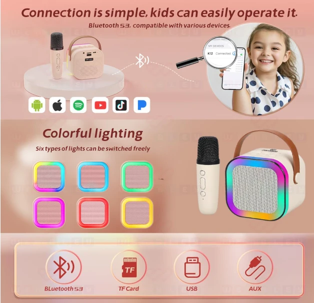 Wembley Karaoke Machine for Kids Adults, Mini Portable Blue-Tooth Karaoke Speaker with Wireless Microphone and Dynamic Lights Birthday Gift Home KTV Outdoor Travel