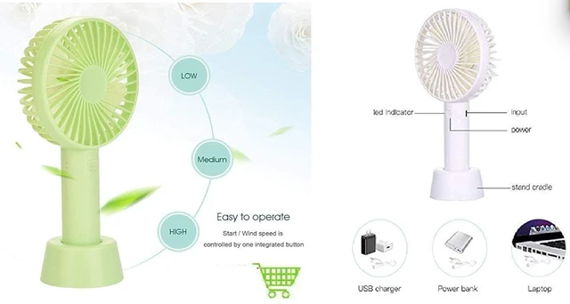 Mini Portable USB Fan Built-in Rechargeable Battery Operated Summer Cooling Table Fan with Standing Holder Handy Base (Multicolor, Set of 1 x fan, USB Charger Cable, Fan Stand)