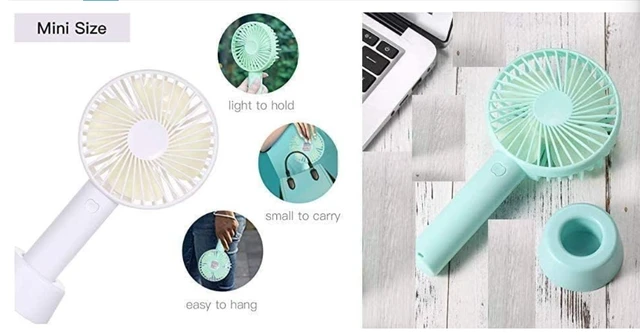 Mini Portable USB Fan Built-in Rechargeable Battery Operated Summer Cooling Table Fan with Standing Holder Handy Base (Multicolor, Set of 1 x fan, USB Charger Cable, Fan Stand)