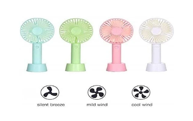 Mini Portable USB Fan Built-in Rechargeable Battery Operated Summer Cooling Table Fan with Standing Holder Handy Base (Multicolor, Set of 1 x fan, USB Charger Cable, Fan Stand)